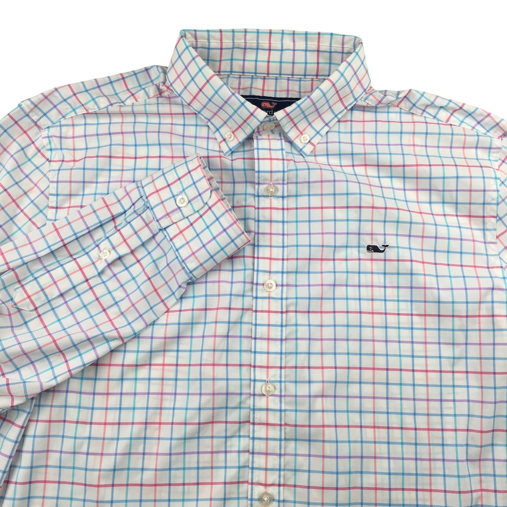 Vineyard Vines Whale Shirt Men Large White Blue Pink Tattersall Performance LS